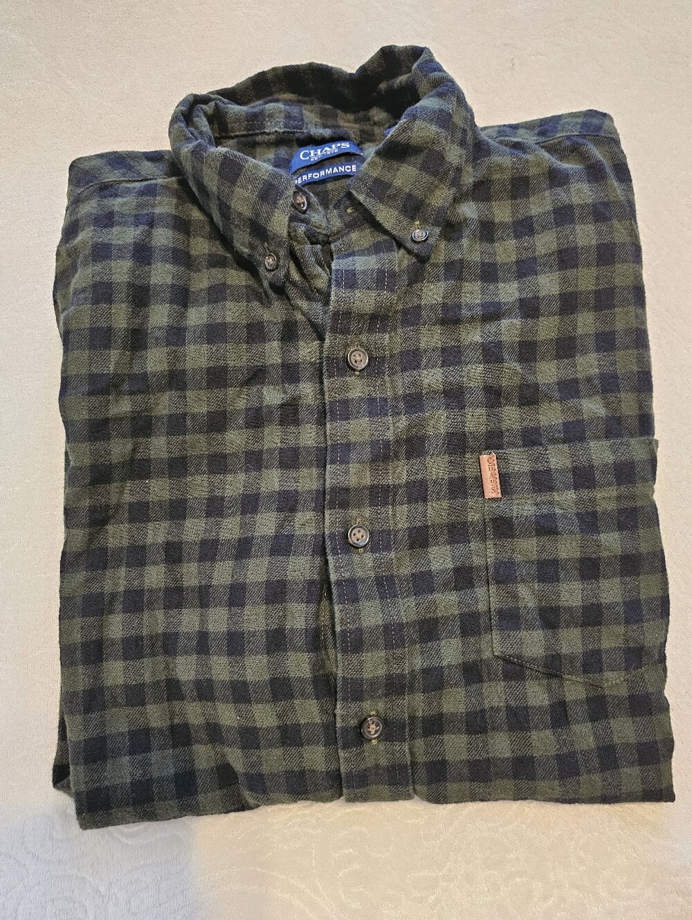 Chaps Performance Men's Large Flannel Shirt Green Black Buffalo Plaid Button Fro